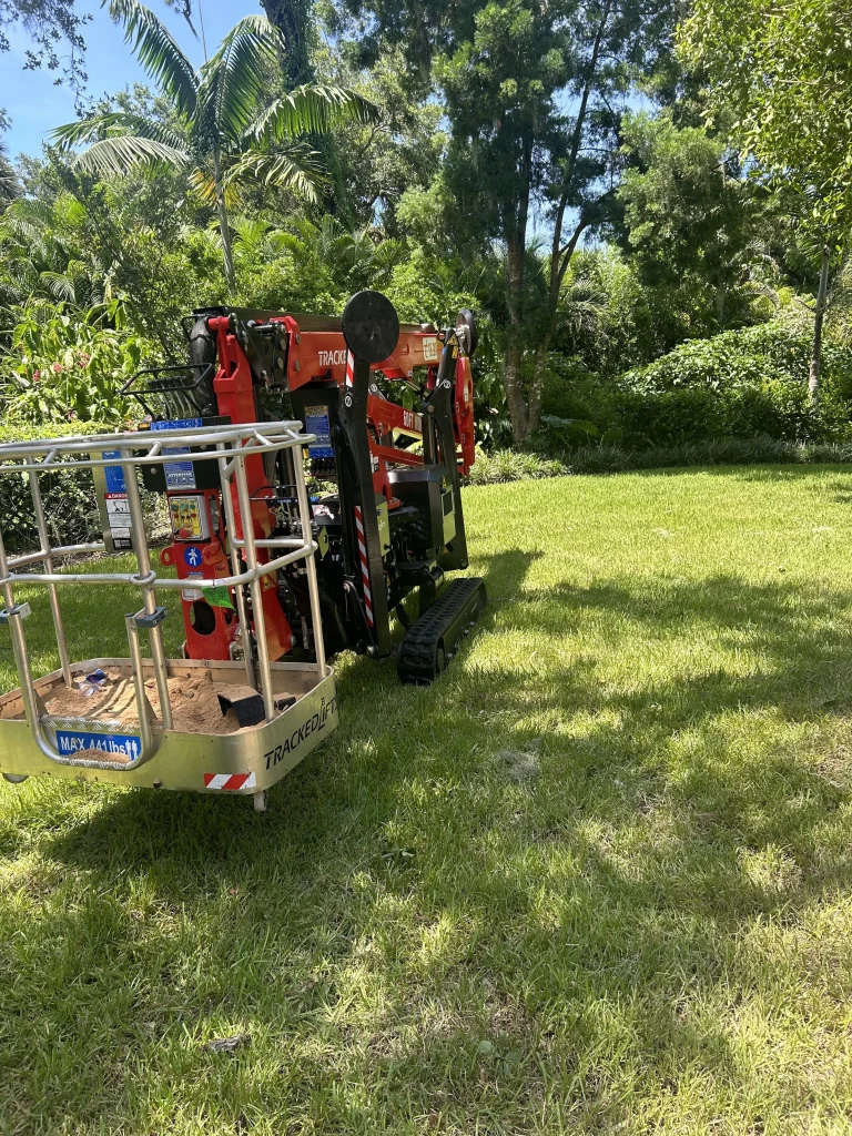 Stump grinder machine removing a freshly cut tree stump from a yard