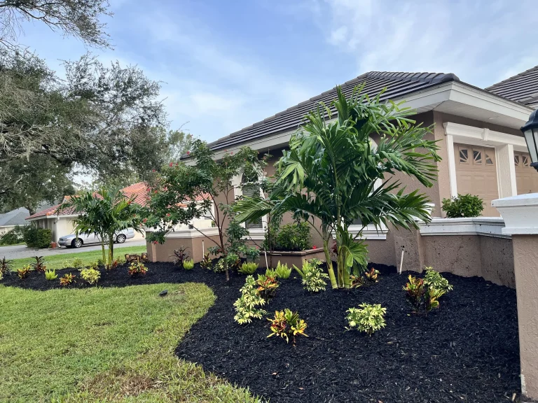 Completed landscaping project with new sod decorative mulch and flower beds