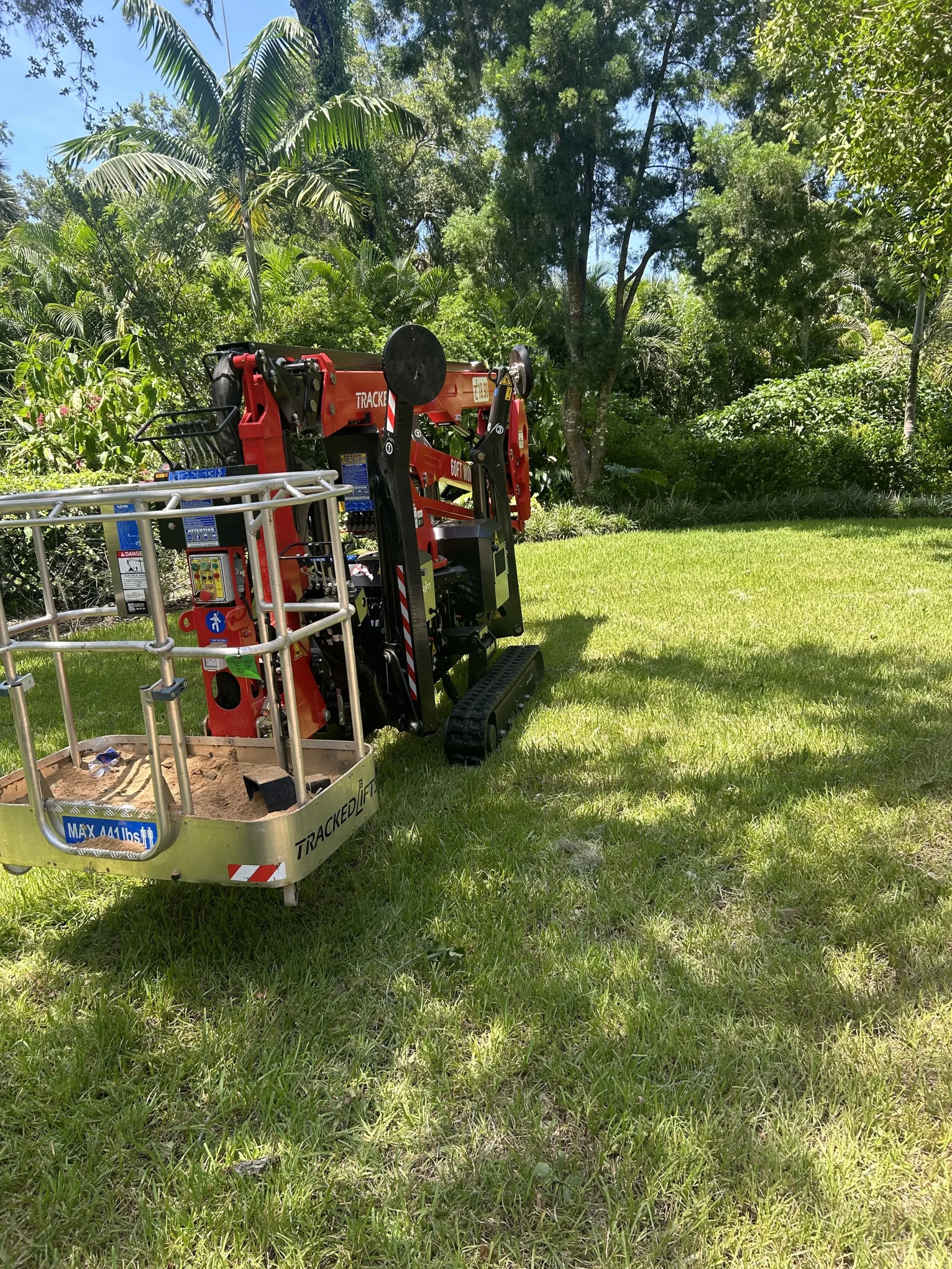Stump grinder machine removing a freshly cut tree stump from a yard