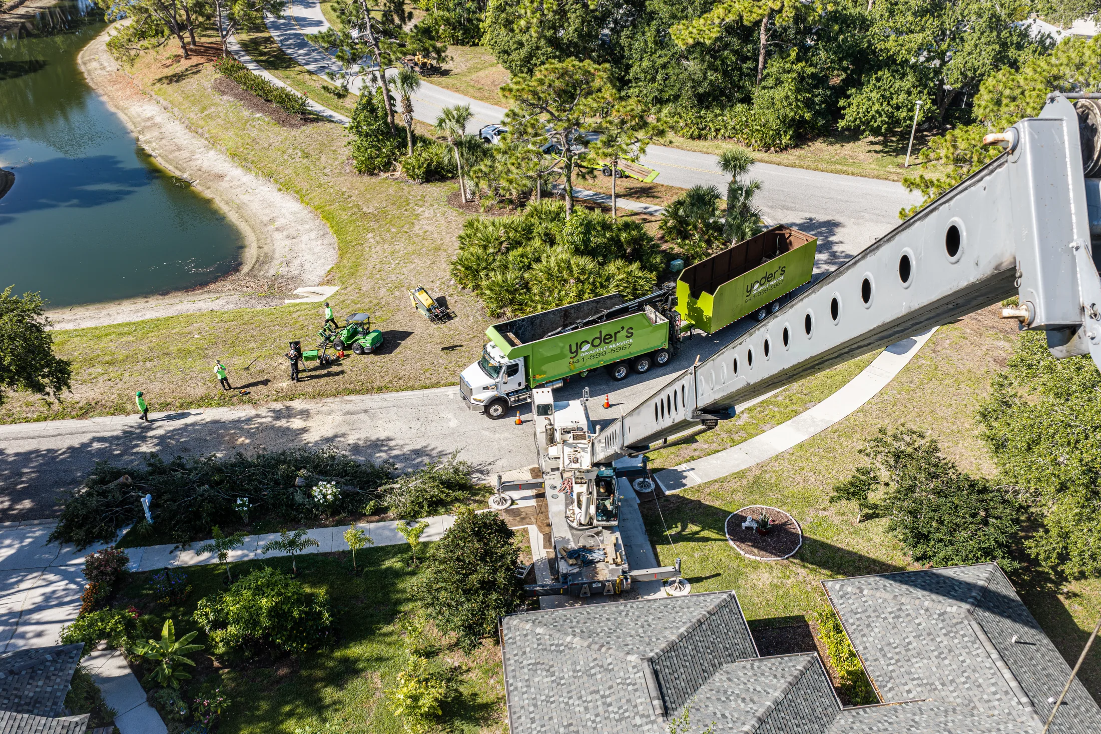 Aerial drone view of tree removal service in Sarasota, FL