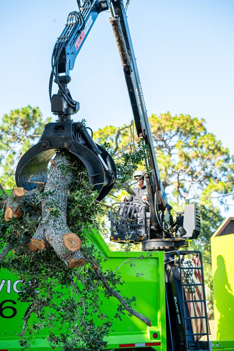 Grapple truck claw loading a tree trunk for hauling